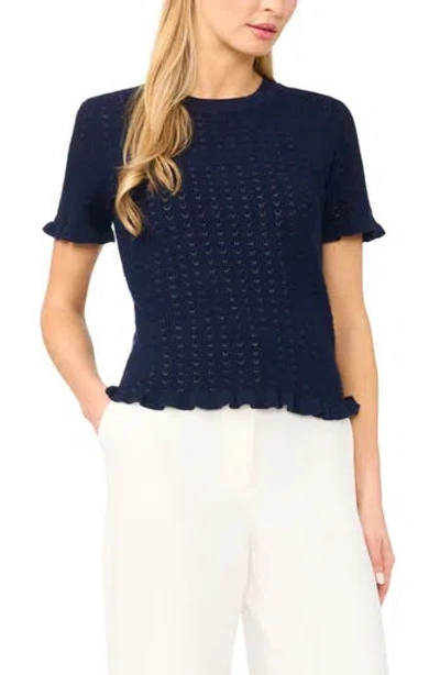 Halogen ® Ruffle Trim Pointelle Stitch Short Sleeve Sweater In Blue