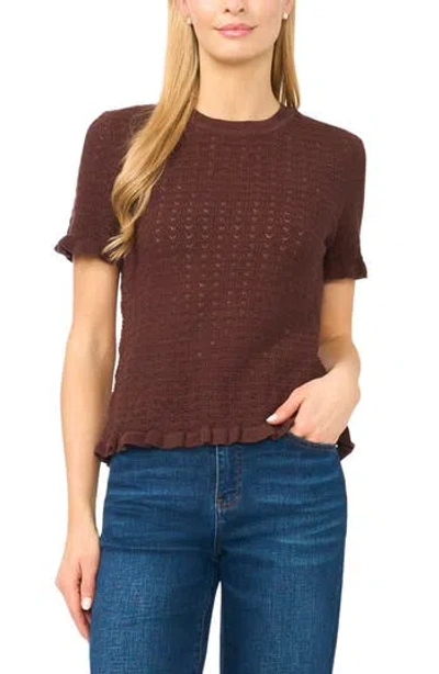 Halogen ® Ruffle Trim Pointelle Stitch Short Sleeve Sweater In Brown