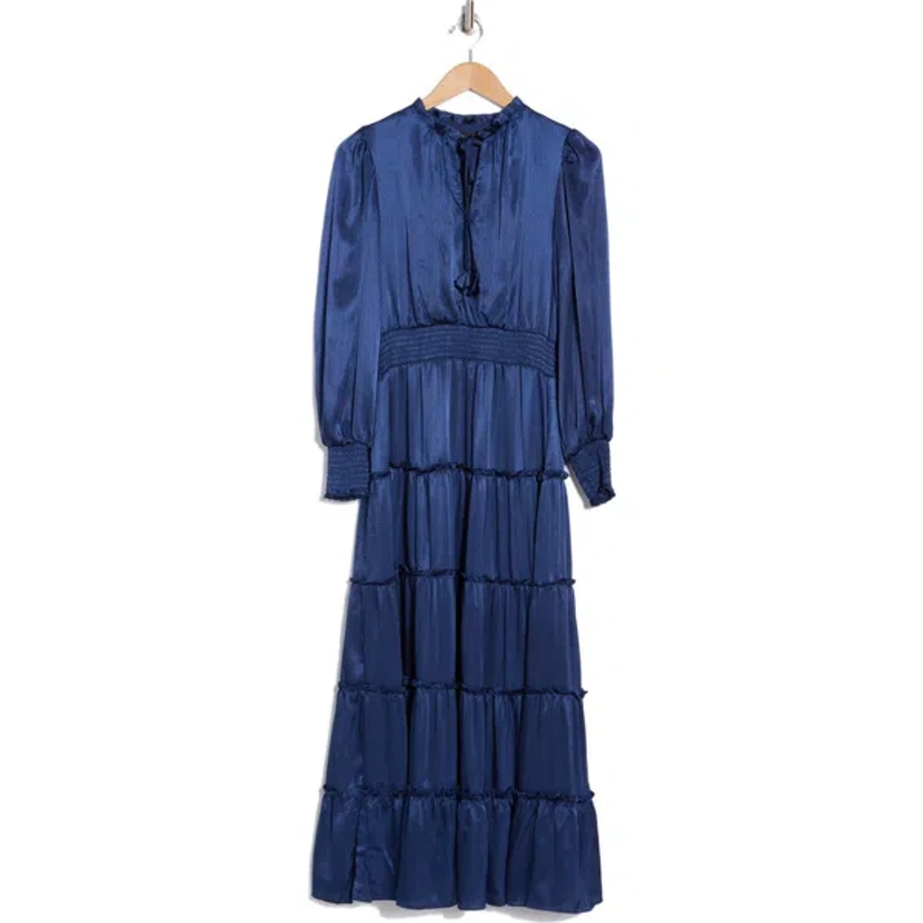 halogen blue dress ® Satin Long Sleeve Tiered Maxi In Mystic Navy Lace & Beads - Iconic Shes classic Size:US Size 20W