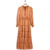 Halogen ® Satin Long Sleeve Tiered Maxi Dress In Pumpkin Rust Orange
