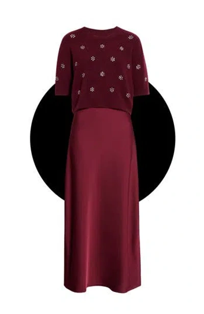 Halogen ® Satin Maxi Slipdress & Short Sleeve Sweater Set In Crisp Merlot