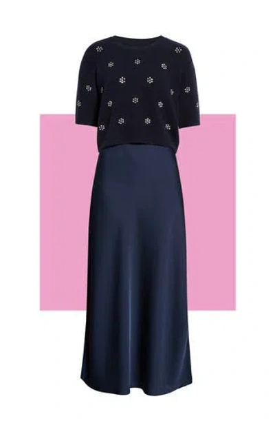 Halogen ® Satin Maxi Slipdress & Short Sleeve Sweater Set In Navy Bright