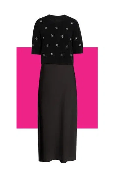 Halogen ® Satin Maxi Slipdress & Short Sleeve Sweater Set In Rich Black