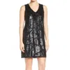 Halogen Sequin V Neck Sleeveless Shift Cocktail Dress In Black In Black