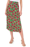Halogen Side Slit Midi Skirt In Carmine Roses Pink/ Green