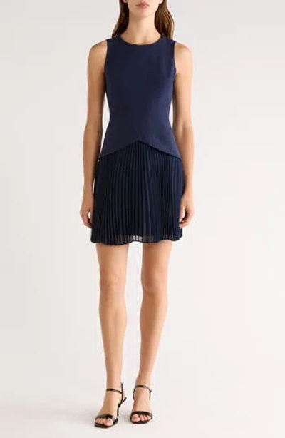 Halogen ® Sleeveless Pleated Skirt Mixed Media Minidress In Classic Navy