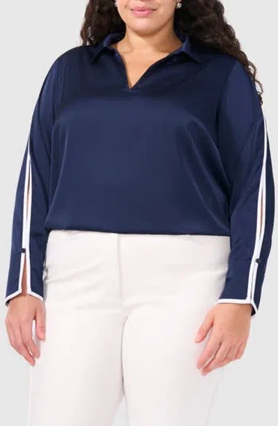 Halogen ® Split Sleeve Contrast Trim Satin Popover Top In Classic Navy