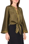 Halogen ® Stripe Bell Sleeve Tie Front Button-up Top In Olive Green/black Stripe