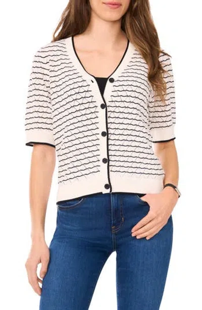 Halogen ® Stripe Pointelle Cotton Button-up Sweater In White