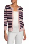 Halogen Striped Crew Neck Knit Cardigan In Pink, Navy In Multi