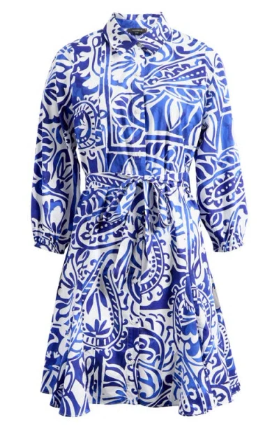 Halogenr Halogen(r) Collar Tie Waist Long Sleeve Dress In Blue Multi
