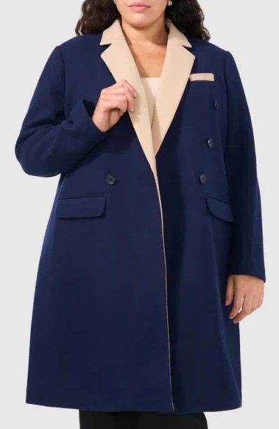 Halogenr Halogen(r) Contrast Collar Double Breasted Coat In Classic Navy