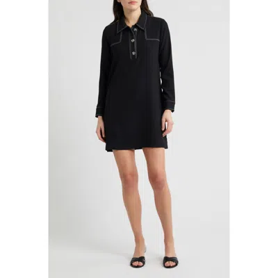 Halogenr Halogen(r) Contrast Long Sleeve Mini Shirtdress In Black