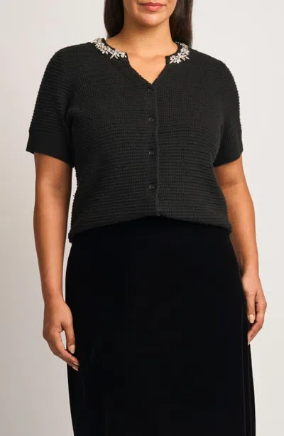 Halogenr Halogen(r) Embellished Short Sleeve Cardigan In Rich Black
