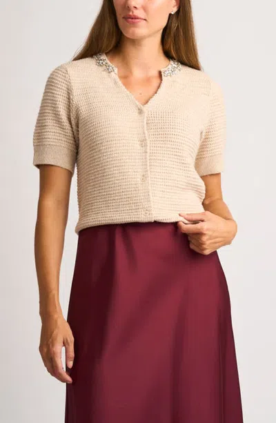 Halogenr Halogen(r) Embellished Short Sleeve Cotton Blend Cardigan In Biscuit Tan
