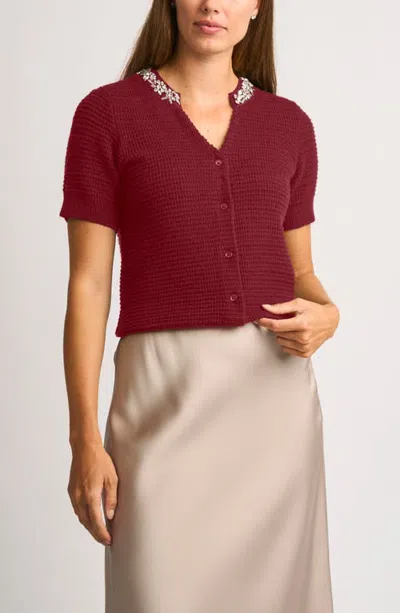 Halogenr Halogen(r) Embellished Short Sleeve Cotton Blend Cardigan In Celosia Red