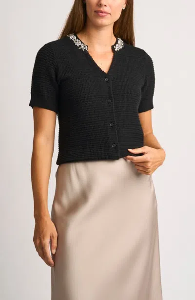 Halogenr Halogen(r) Embellished Short Sleeve Cotton Blend Cardigan In Rich Black