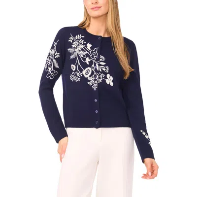 Halogenr Halogen(r) Embroidered Floral Button Front Cardigan In Blue