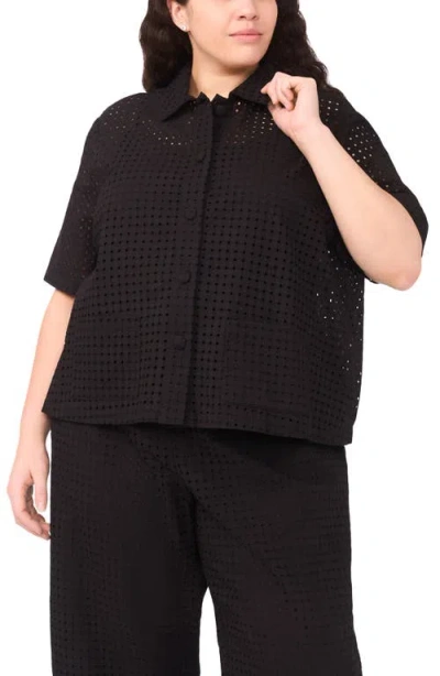 Halogenr Halogen(r) Eyelet Short Sleeve Button-up Shirt In Black