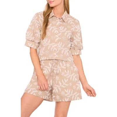 Halogenr Halogen(r) Eyelet Short Sleeve Cotton Button-up Shirt In Brown