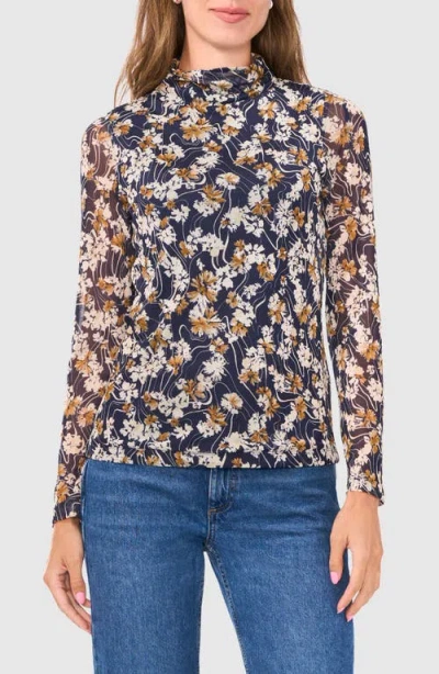 Halogenr Halogen(r) Floral Cowl Neck Mesh Top In Classic Navy Blue