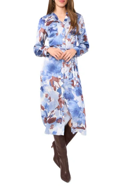 Halogenr Halogen(r) Floral Long Sleeve Satin Midi Shirtdress In Blue Fog
