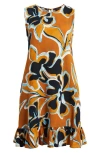 Halogenr Halogen(r) Floral Print Ruffle Hem Dress In Brown