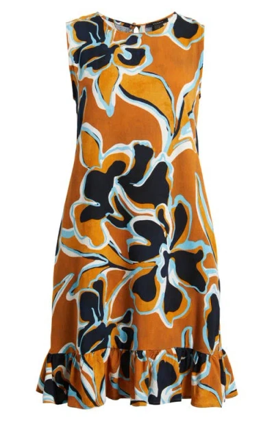 Halogenr Halogen(r) Floral Print Ruffle Hem Dress In Brown