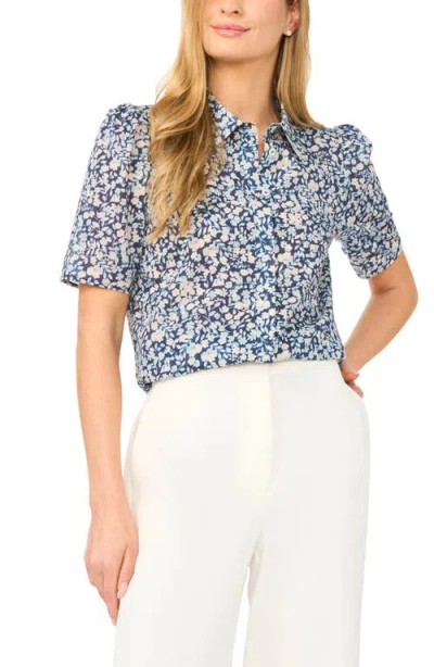 Halogenr Halogen(r) Floral Puff Sleeve Button-up Top In Blue