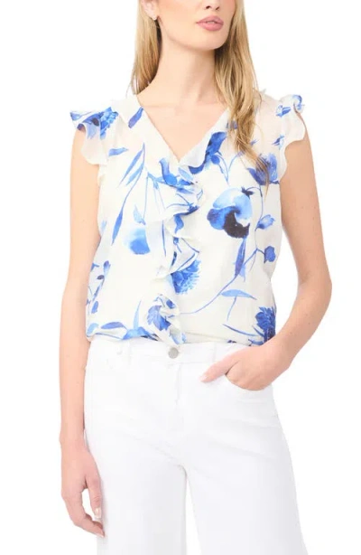 Halogenr Halogen(r) Floral Ruffle Trim Flutter Sleeve Top In Blue