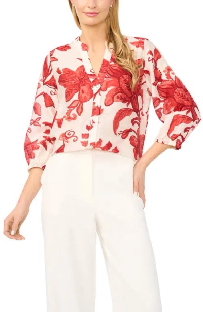 Halogenr Halogen(r) Floral Three Quarter Sleeve Button-up Shirt In White