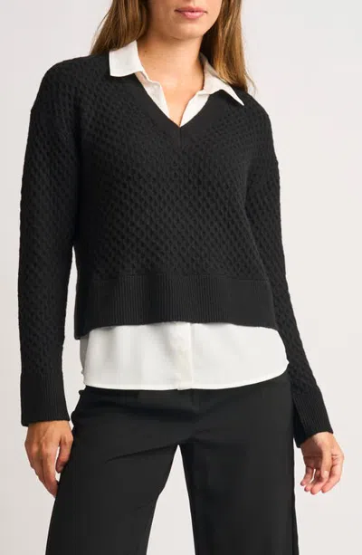Halogenr Halogen(r) Honeycomb Stitch Twofer Top In Black