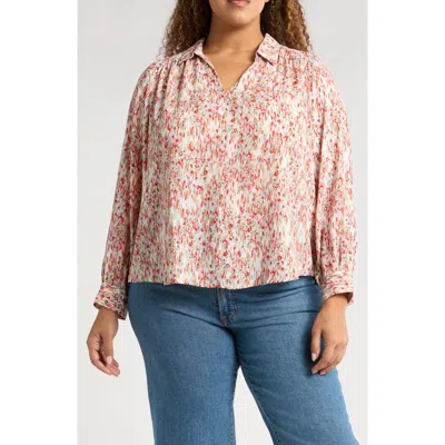 Halogenr Halogen(r) Ikat Floral Popover Top In Coral/iced Aqua
