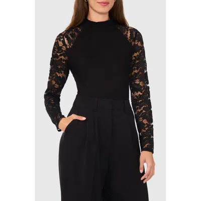 Halogenr Halogen(r) Lace Sleeve Rib Mock Neck Top In Rich Black