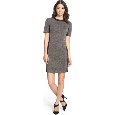 Halogenr Halogen(r) Mixed Media Short Sleeve Fitted Dress In Black- White Chevron Pattern