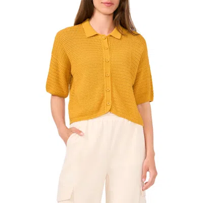 Halogenr Halogen(r) Open Stitch Button-up Polo Sweater In Golden Spice Brown