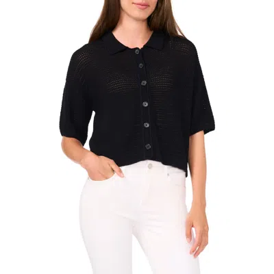 Halogenr Halogen(r) Open Stitch Button-up Polo Sweater In Rich Black