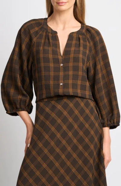 Halogenr Halogen(r) Plaid Raglan Sleeved Button Down Top In Brown