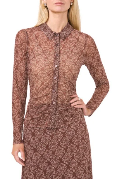 Halogenr Halogen(r) Print Mesh Button-up Shirt In Deep Mahogany Brown