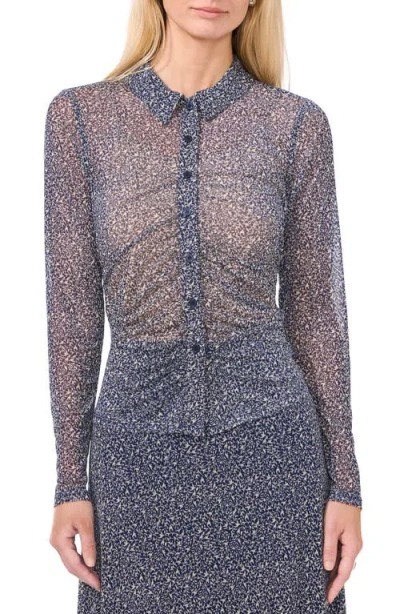 Halogenr Halogen(r) Print Mesh Button-up Shirt In Navy Blue