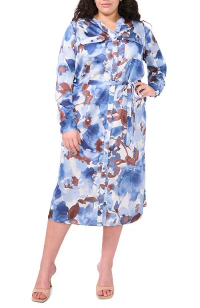 Halogenr Halogen(r) Print Tie Waist Midi Shirtdress In Blue Fog