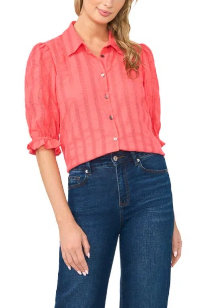 Halogenr Halogen(r) Sheer Stripe Puff Sleeve Button-up Shirt In Red
