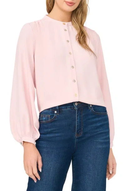 Halogenr Halogen(r) Shirred Mock Neck Button-up Shirt In Pink Cloud