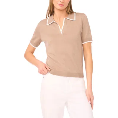 Halogenr Halogen(r) Tipped Johnny Collar Short Sleeve Sweater In Brown