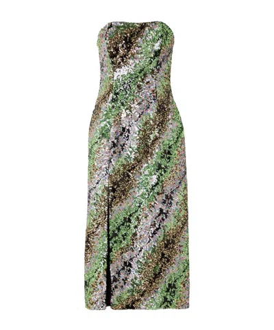 Halpern Strapless Striped Sequined Tulle Midi Dress In Green