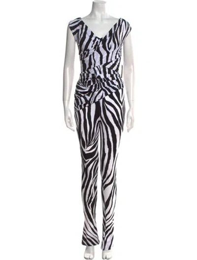Pre-owned Halpern Animal Print V-neck Jumpsuit W/ Tags In White