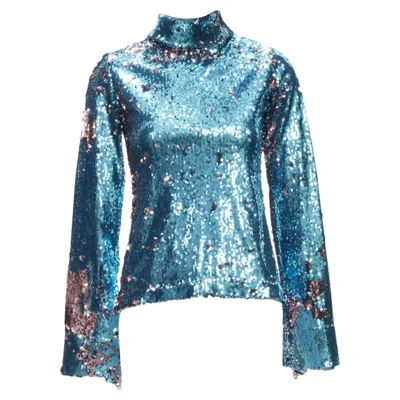 Halpern Double Faced Sequins Turtleneck Sleeve Top In Blue