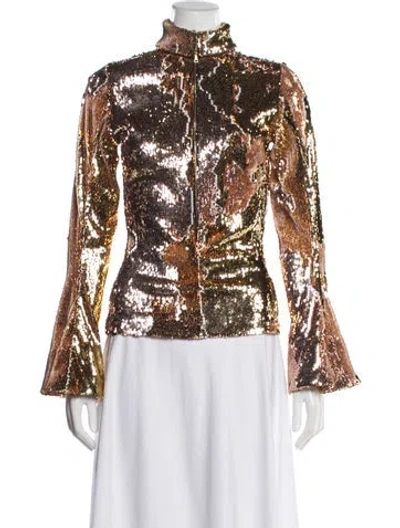Pre-owned Halpern Mock Neck Long Sleeve Blouse In Gold