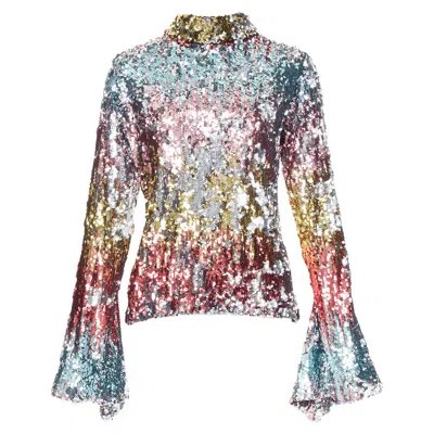 Halpern Multicolor Sequinned Funnel Neck Flare Sleeve Party Top