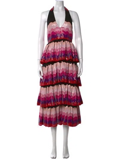 Pre-owned Halpern Patterned Midi Length Dress In Red
